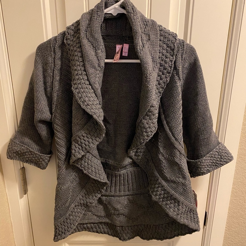 NWT Dolled Up By Fang L Cardigan Sweater Gray Cable Knit Large Open Front Lg